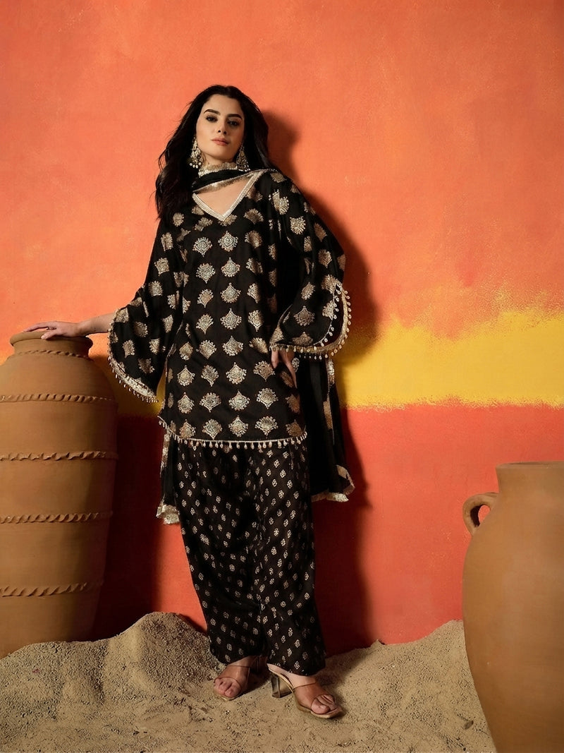 Stylum Women's Black Gold Printed Rayon A-Line Kurti Farshi Salwar With Dupatta (KSDBLACKWEDANI)