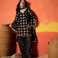 Stylum Women's Black Gold Printed Rayon A-Line Kurti Farshi Salwar With Dupatta (KSDBLACKWEDANI)