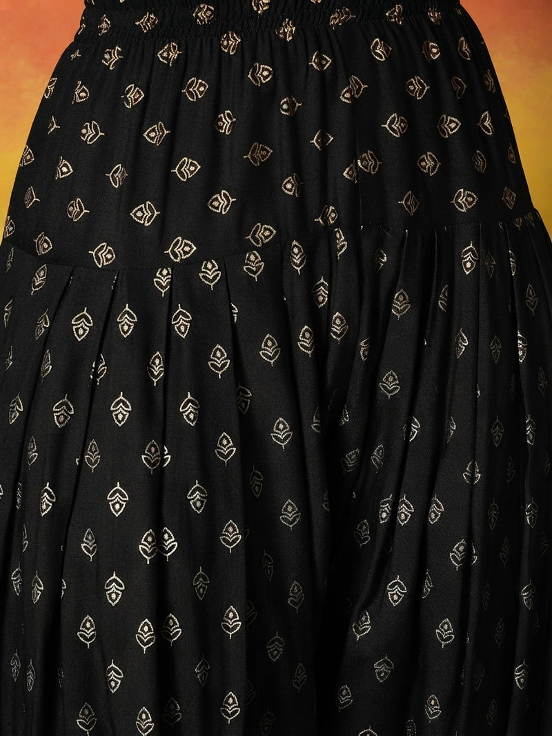Stylum Women's Black Gold Printed Rayon A-Line Kurti Farshi Salwar With Dupatta (KSDBLACKWEDANI)
