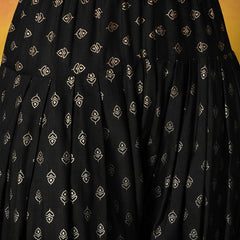 Stylum Women's Black Gold Printed Rayon A-Line Kurti Farshi Salwar With Dupatta (KSDBLACKWEDANI)