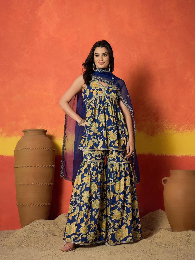 Stylum Women's Blue Floral Printed Pure Cotton A-Line Short Kurti Sharara Dupatta Set (KSDBLUEAMBUSH)