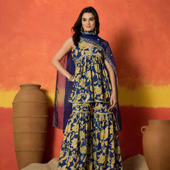 Stylum Women's Blue Floral Printed Pure Cotton A-Line Short Kurti Sharara Dupatta Set (KSDBLUEAMBUSH)