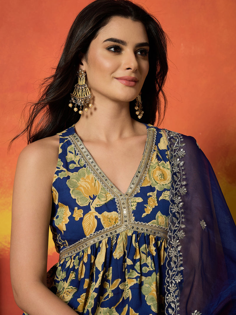 Stylum Women's Blue Floral Printed Pure Cotton A-Line Short Kurti Sharara Dupatta Set (KSDBLUEAMBUSH)