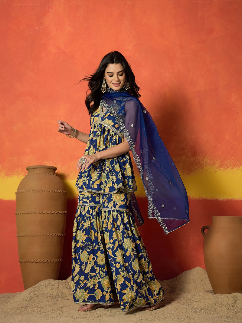 Stylum Women's Blue Floral Printed Pure Cotton A-Line Short Kurti Sharara Dupatta Set (KSDBLUEAMBUSH)
