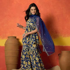 Stylum Women's Blue Floral Printed Pure Cotton A-Line Short Kurti Sharara Dupatta Set (KSDBLUEAMBUSH)