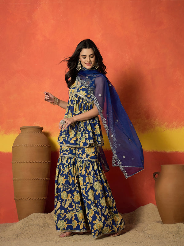 Stylum Women's Blue Floral Printed Pure Cotton A-Line Short Kurti Sharara Dupatta Set (KSDBLUEAMBUSH)