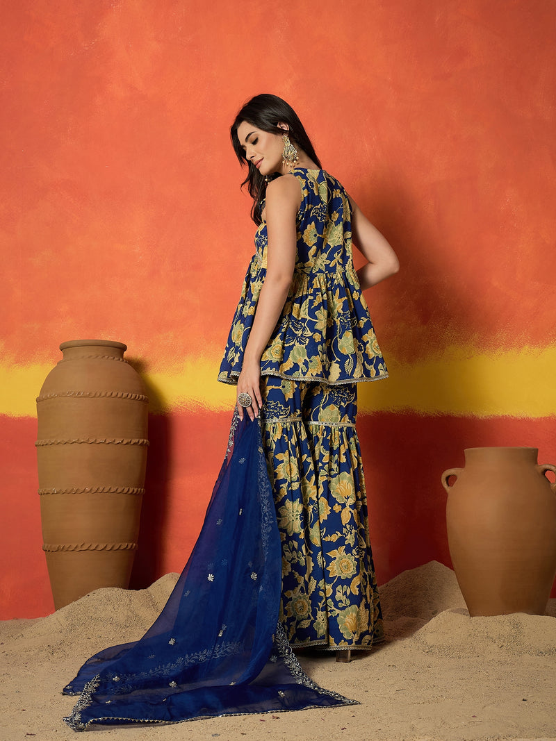 Stylum Women's Blue Floral Printed Pure Cotton A-Line Short Kurti Sharara Dupatta Set (KSDBLUEAMBUSH)