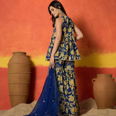 Stylum Women's Blue Floral Printed Pure Cotton A-Line Short Kurti Sharara Dupatta Set (KSDBLUEAMBUSH)