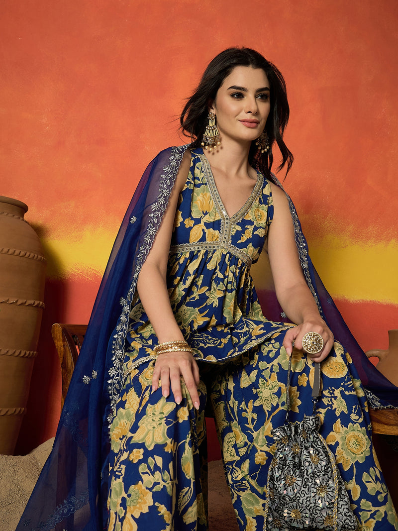 Stylum Women's Blue Floral Printed Pure Cotton A-Line Short Kurti Sharara Dupatta Set (KSDBLUEAMBUSH)