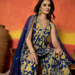 Stylum Women's Blue Floral Printed Pure Cotton A-Line Short Kurti Sharara Dupatta Set (KSDBLUEAMBUSH)