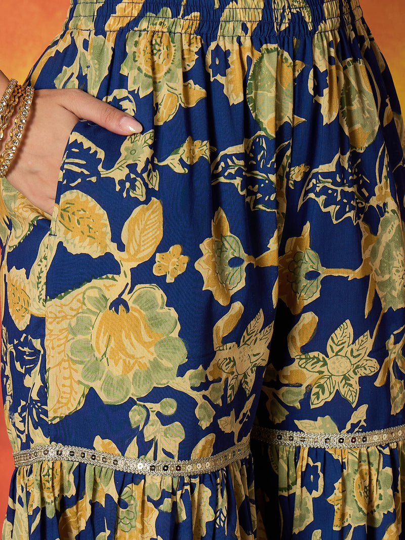 Stylum Women's Blue Floral Printed Pure Cotton A-Line Short Kurti Sharara Dupatta Set (KSDBLUEAMBUSH)