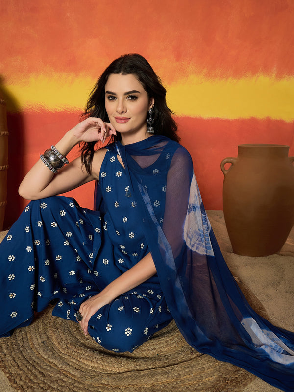 Stylum Women's Blue Floral Printed Rayon Straight Kurti Farshi Salwar Dupatta Set (KSDBLUEKANGNA)