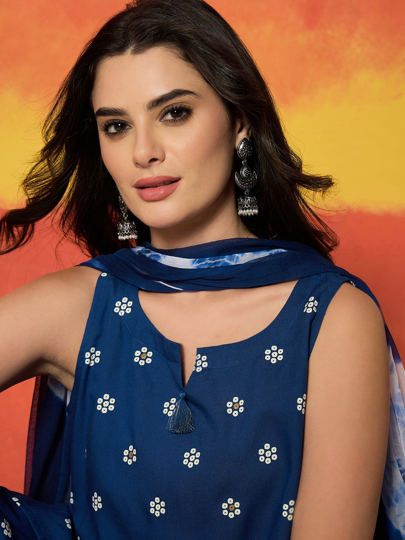 Stylum Women's Blue Floral Printed Rayon Straight Kurti Farshi Salwar Dupatta Set (KSDBLUEKANGNA)
