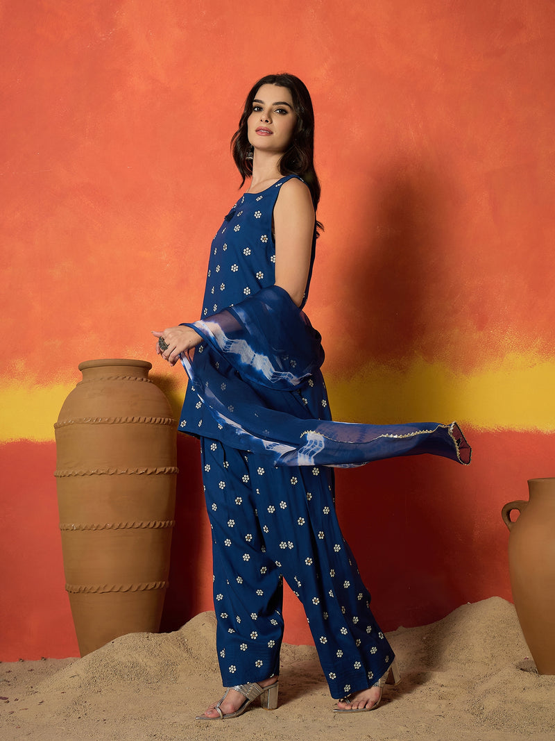 Stylum Women's Blue Floral Printed Rayon Straight Kurti Farshi Salwar Dupatta Set (KSDBLUEKANGNA)
