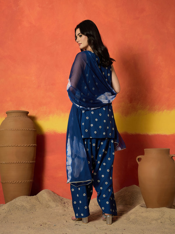 Stylum Women's Blue Floral Printed Rayon Straight Kurti Farshi Salwar Dupatta Set (KSDBLUEKANGNA)