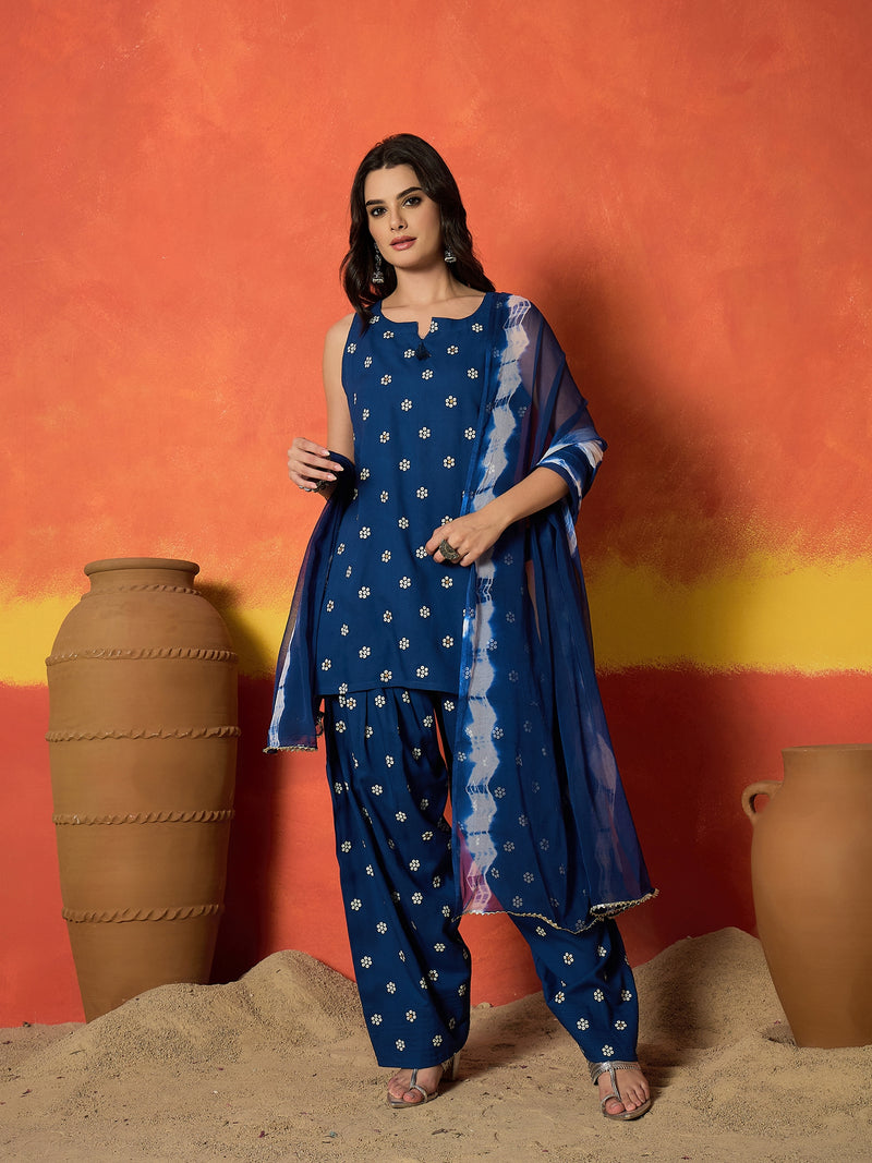 Stylum Women's Blue Floral Printed Rayon Straight Kurti Farshi Salwar Dupatta Set (KSDBLUEKANGNA)