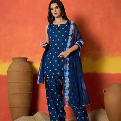 Stylum Women's Blue Floral Printed Rayon Straight Kurti Farshi Salwar Dupatta Set (KSDBLUEKANGNA)
