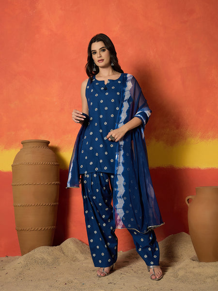 Stylum Women's Blue Floral Printed Rayon Straight Kurti Farshi Salwar Dupatta Set (KSDBLUEKANGNA)