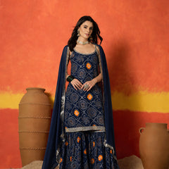 Stylum Women's Blue Bandhej Printed Crepe Straight Kurta Sharara Dupatta Set (KSDBLUEKOSKI)