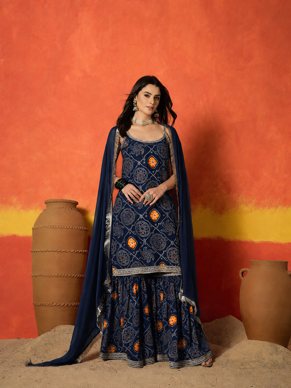 Stylum Women's Blue Bandhej Printed Crepe Straight Kurta Sharara Dupatta Set (KSDBLUEKOSKI)