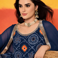 Stylum Women's Blue Bandhej Printed Crepe Straight Kurta Sharara Dupatta Set (KSDBLUEKOSKI)