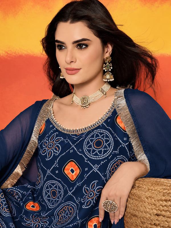 Stylum Women's Blue Bandhej Printed Crepe Straight Kurta Sharara Dupatta Set (KSDBLUEKOSKI)