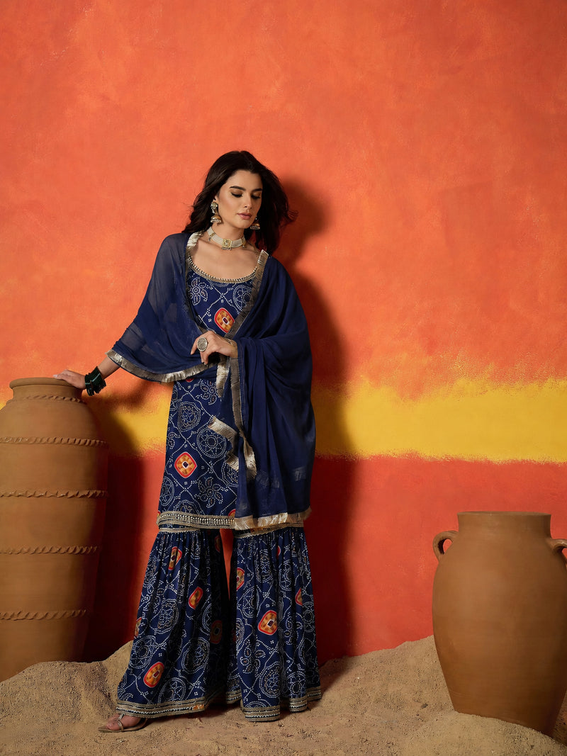 Stylum Women's Blue Bandhej Printed Crepe Straight Kurta Sharara Dupatta Set (KSDBLUEKOSKI)