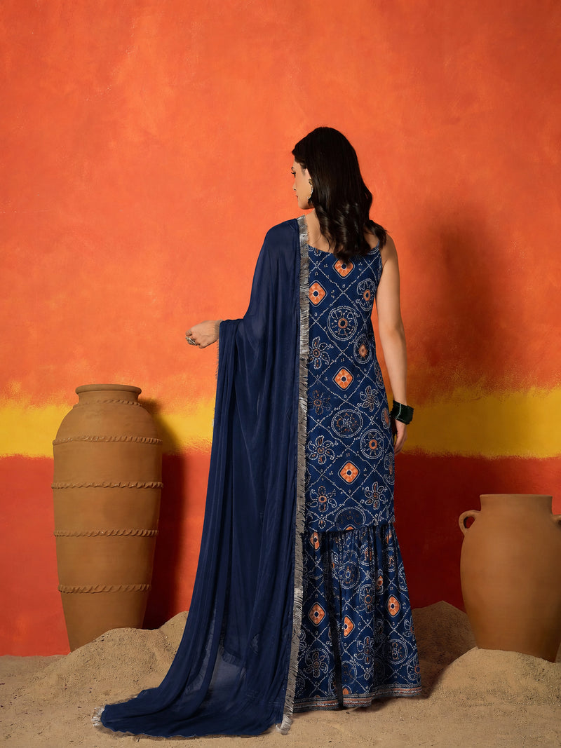 Stylum Women's Blue Bandhej Printed Crepe Straight Kurta Sharara Dupatta Set (KSDBLUEKOSKI)
