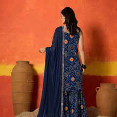 Stylum Women's Blue Bandhej Printed Crepe Straight Kurta Sharara Dupatta Set (KSDBLUEKOSKI)