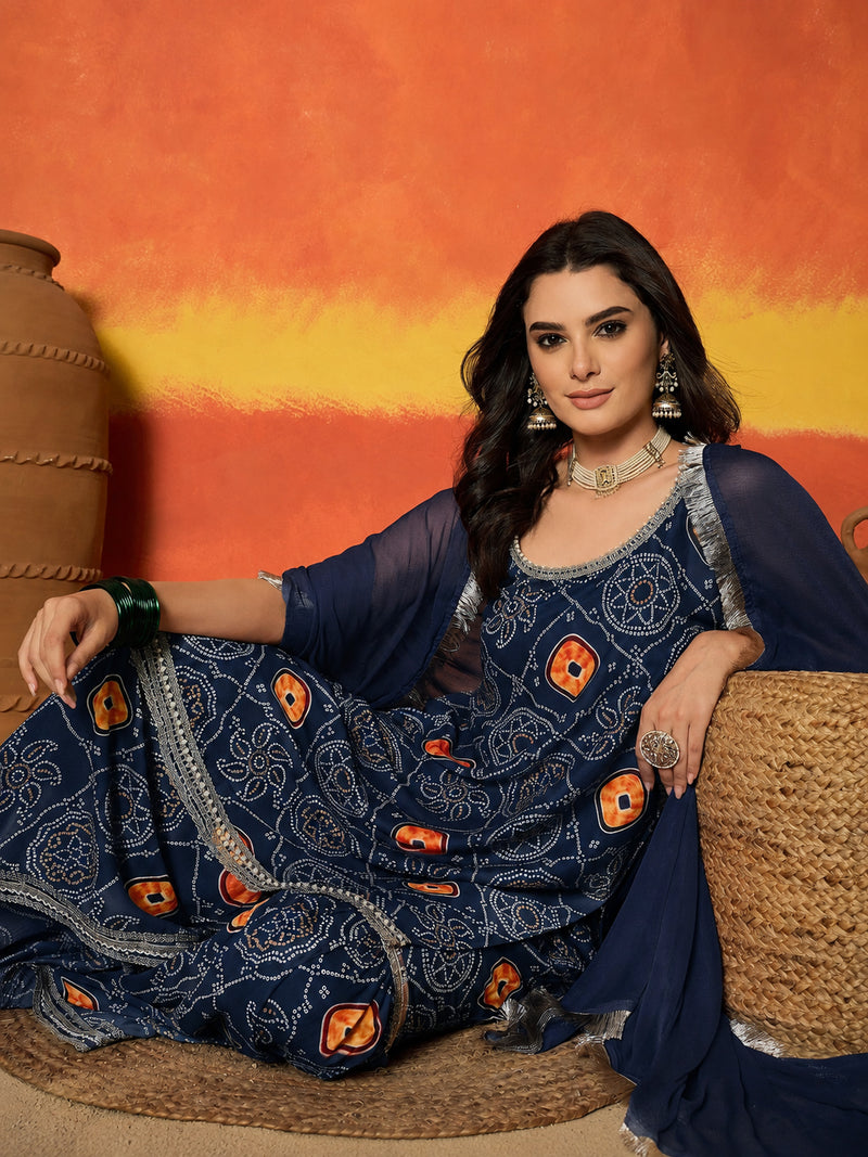 Stylum Women's Blue Bandhej Printed Crepe Straight Kurta Sharara Dupatta Set (KSDBLUEKOSKI)