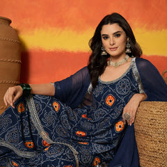 Stylum Women's Blue Bandhej Printed Crepe Straight Kurta Sharara Dupatta Set (KSDBLUEKOSKI)