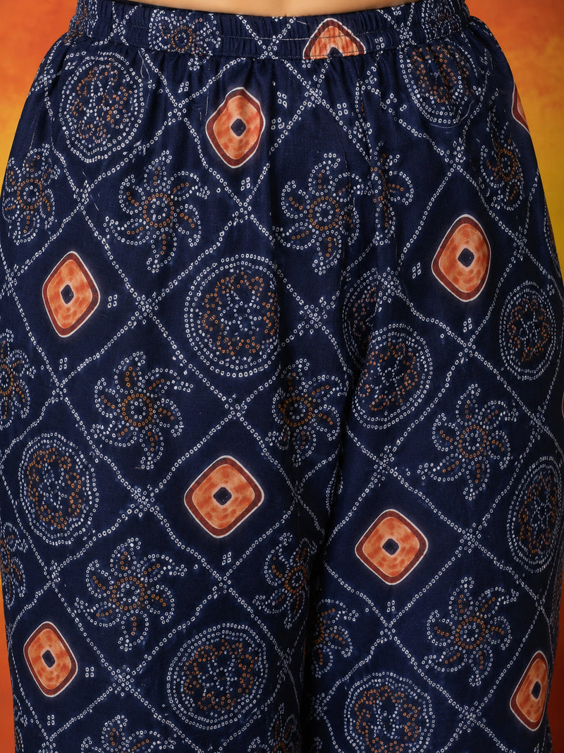 Stylum Women's Blue Bandhej Printed Crepe Straight Kurta Sharara Dupatta Set (KSDBLUEKOSKI)