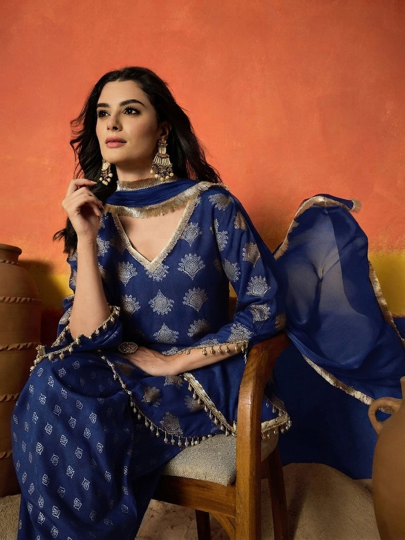 Stylum Women's Blue Gold Printed Rayon A-Line Kurti Farshi Salwar With Dupatta (KSDBLUEWEDANI)