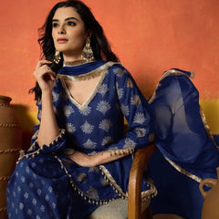 Stylum Women's Blue Gold Printed Rayon A-Line Kurti Farshi Salwar With Dupatta (KSDBLUEWEDANI)