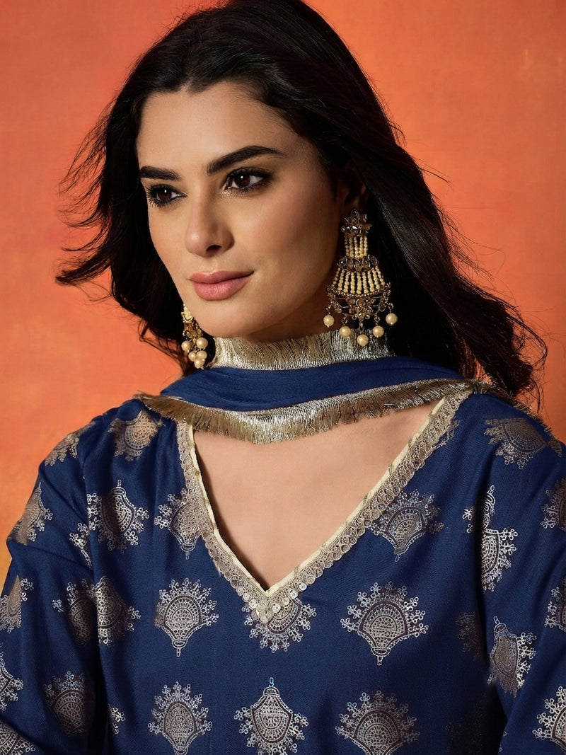 Stylum Women's Blue Gold Printed Rayon A-Line Kurti Farshi Salwar With Dupatta (KSDBLUEWEDANI)