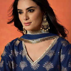 Stylum Women's Blue Gold Printed Rayon A-Line Kurti Farshi Salwar With Dupatta (KSDBLUEWEDANI)