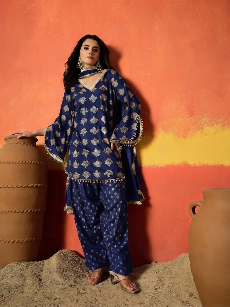 Stylum Women's Blue Gold Printed Rayon A-Line Kurti Farshi Salwar With Dupatta (KSDBLUEWEDANI)