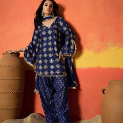 Stylum Women's Blue Gold Printed Rayon A-Line Kurti Farshi Salwar With Dupatta (KSDBLUEWEDANI)