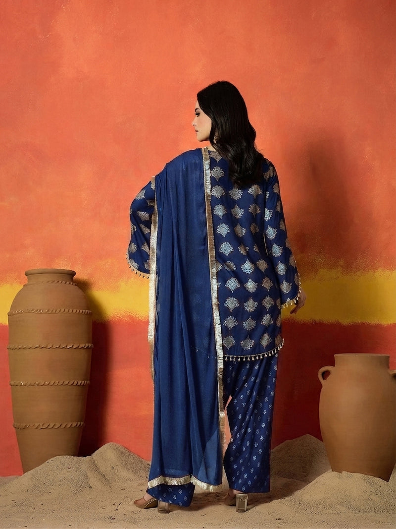 Stylum Women's Blue Gold Printed Rayon A-Line Kurti Farshi Salwar With Dupatta (KSDBLUEWEDANI)