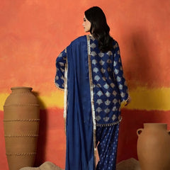 Stylum Women's Blue Gold Printed Rayon A-Line Kurti Farshi Salwar With Dupatta (KSDBLUEWEDANI)