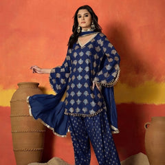 Stylum Women's Blue Gold Printed Rayon A-Line Kurti Farshi Salwar With Dupatta (KSDBLUEWEDANI)