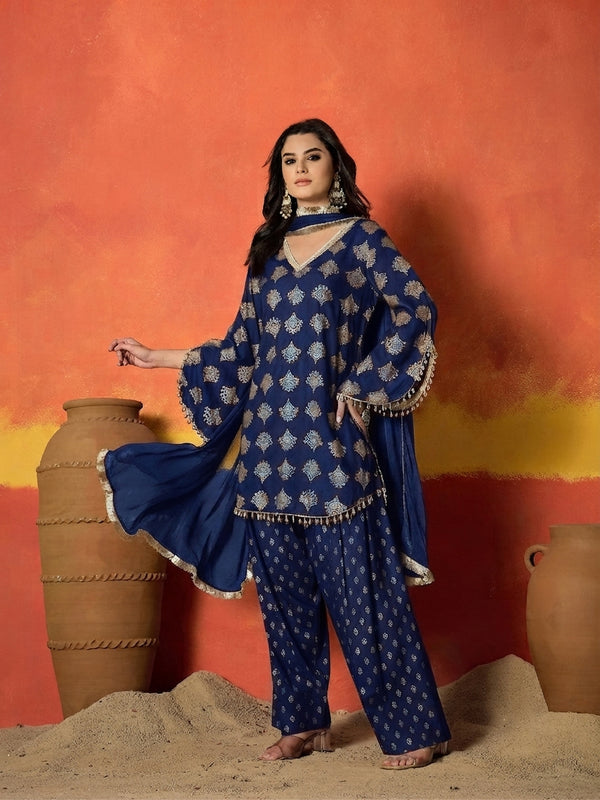 Stylum Women's Blue Gold Printed Rayon A-Line Kurti Farshi Salwar With Dupatta (KSDBLUEWEDANI)