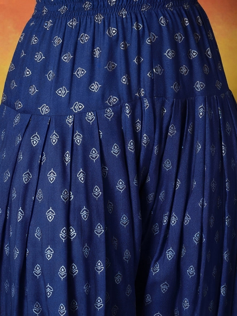 Stylum Women's Blue Gold Printed Rayon A-Line Kurti Farshi Salwar With Dupatta (KSDBLUEWEDANI)