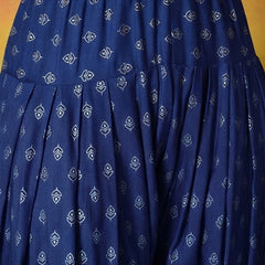 Stylum Women's Blue Gold Printed Rayon A-Line Kurti Farshi Salwar With Dupatta (KSDBLUEWEDANI)