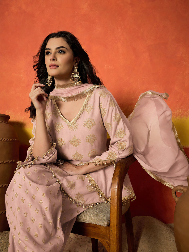 Stylum Women's Blush Gold Printed Rayon A-Line Kurti Farshi Salwar With Dupatta (KSDBLUSHWEDANI)