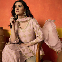 Stylum Women's Blush Gold Printed Rayon A-Line Kurti Farshi Salwar With Dupatta (KSDBLUSHWEDANI)