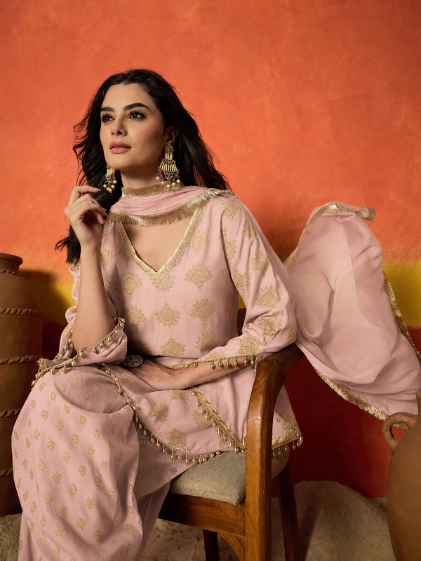 Stylum Women's Blush Gold Printed Rayon A-Line Kurti Farshi Salwar With Dupatta (KSDBLUSHWEDANI)