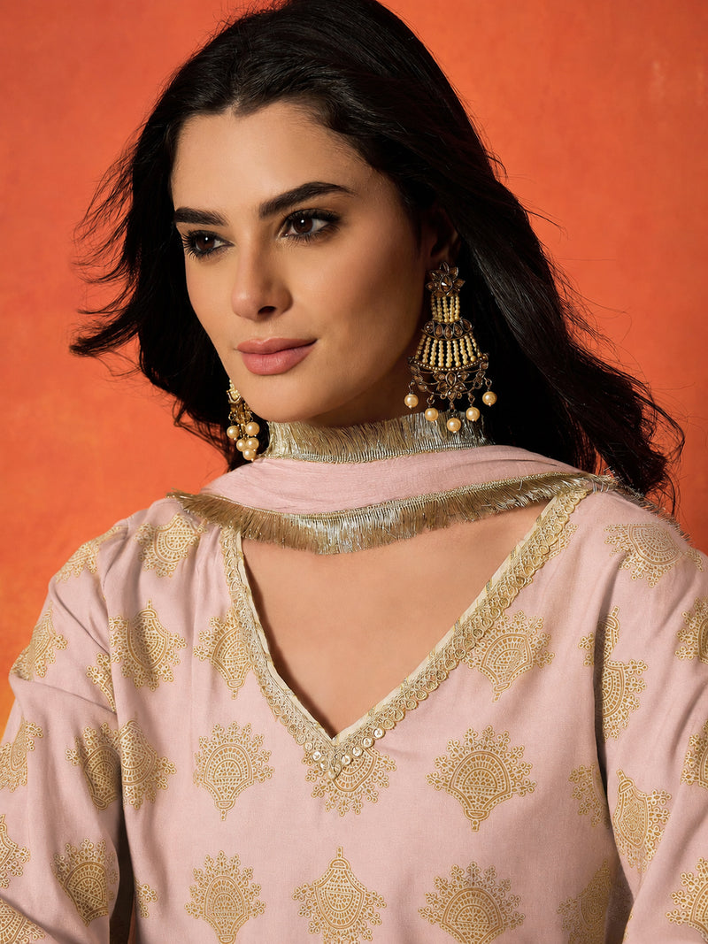 Stylum Women's Blush Gold Printed Rayon A-Line Kurti Farshi Salwar With Dupatta (KSDBLUSHWEDANI)