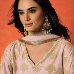 Stylum Women's Blush Gold Printed Rayon A-Line Kurti Farshi Salwar With Dupatta (KSDBLUSHWEDANI)