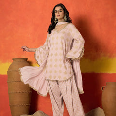 Stylum Women's Blush Gold Printed Rayon A-Line Kurti Farshi Salwar With Dupatta (KSDBLUSHWEDANI)